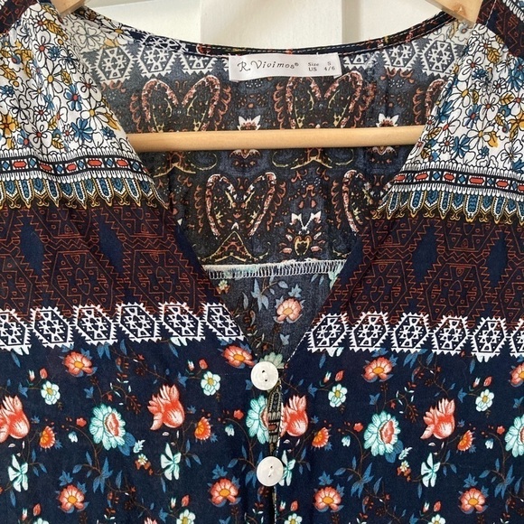 R. Vivimos button down boho maxi dress split skirt tab sleeves hobo chic print - Picture 3 of 13